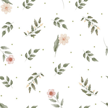 Cute watercolor flowers and leaves seamless pattern. Vintage hand painted woodland floral polka dot background for nursery decor, children storybook endpaper and textile projects.
