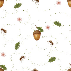 Cute watercolor ants and acorns seamless pattern. Vintage hand painted woodland insect background for nursery decor, children storybook endpaper and textile projects. © Marina Morenova