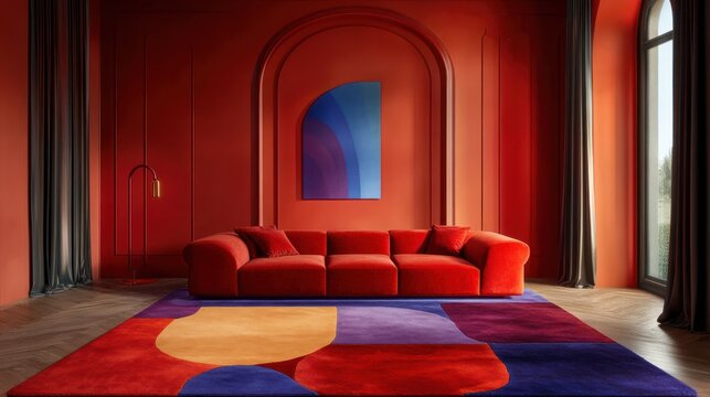 Modern living room interior with a red sofa and a colorful rug