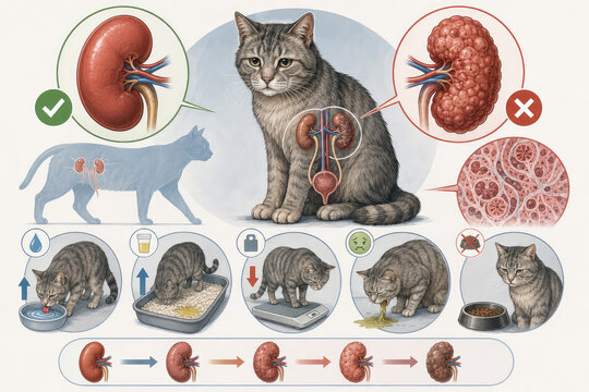 Chronic Kidney Disease in Cats Infographic with Symptoms and Kidney Damage Stages
