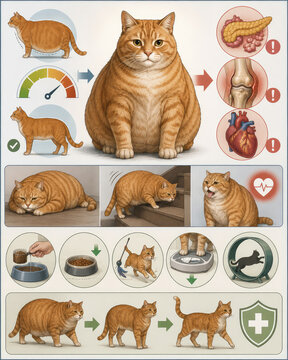Cat Obesity Infographic with Health Risks, Weight Loss and Exercise