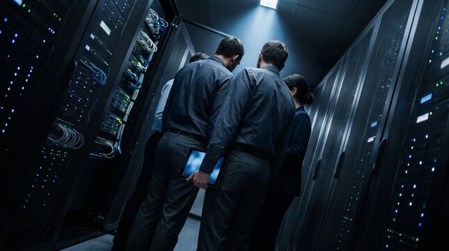 Team of IT specialists working in secure dark server room conducting maintenance and infrastructure check using digital tablet near massive rows of blinking rack mounted equipment.