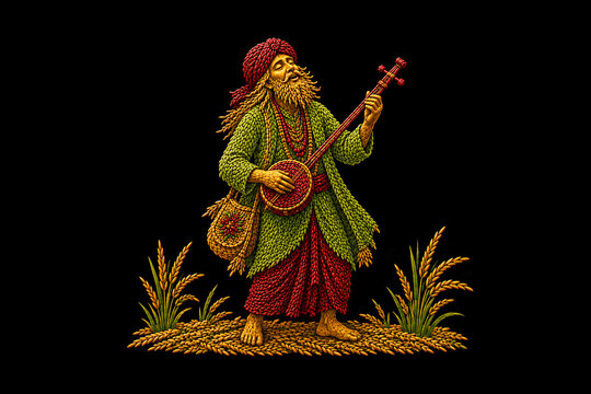 
Traditional Bengali Baul musician playing an ektara, crafted entirely from colorful rice grains on a black background.

