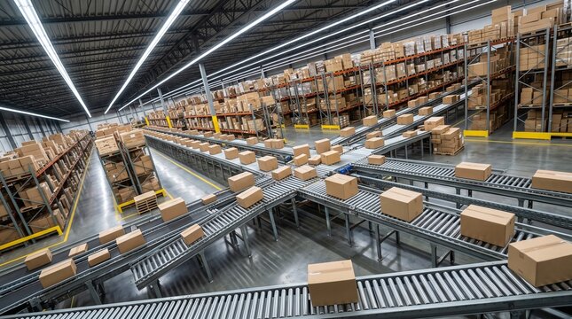 Wide view of modern warehouse interior with extensive shelving units filled with boxes and automated conveyor systems for efficient distribution.
