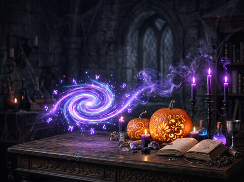 Halloween pumpkins with glowing magic spell and butterflies in a spooky library during nighttime