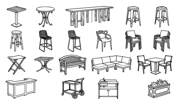Outdoor Patio and Cafe Furniture Icon Set with Tables Chairs Barstools Sectional Sofa Bench and Trolley Sketch Vectors for Interior Architecture Layout and Catalog Designs
