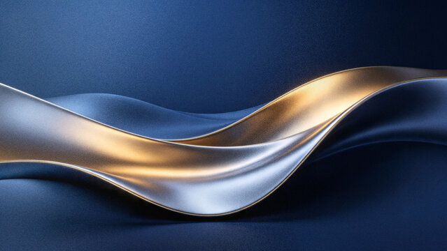 Abstract grainy background with luxurious fluid metallic holographic waves in deep royal blue silver chrome and gold gradient colors for presentation design backdrops.