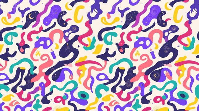 Seamless pattern with colorful abstract organic shapes and celestial elements on a light background.