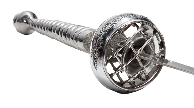 Close up of silver metallic fencing sword with floral engravings on handle with round guard floral equipment weapons hobbies leisure sports