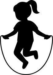 Silhouette of a young girl jumping with a rope on a light gray check background.
