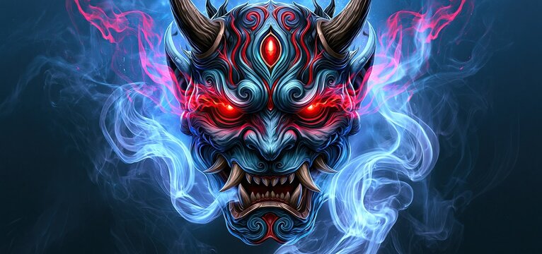 Japanese demon mask with glowing red eyes and sharp fangs surrounded by swirling blue smoke on a dark background.