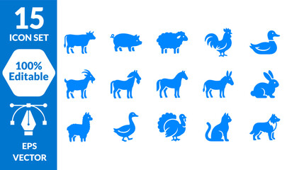 Naklejka premium Blue Farm Livestock Silhouette Icon Set for Agriculture and Ranch Graphic Design