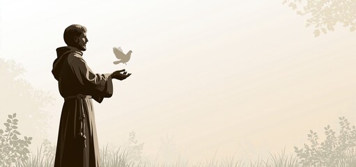 Obraz premium Minimalist silhouette of a saint holding a dove with a serene nature background and soft earth tones.