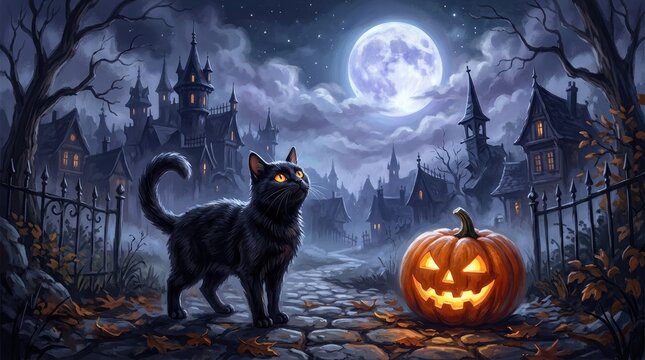 A spooky halloween cat standing next to a glowing jack o lantern in a misty graveyard under a full moon