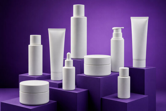 Assorted white cosmetic bottles and jars arranged on purple platforms, showcasing skincare or beauty product packaging in a studio setting.