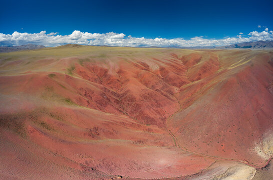 Aerial panorama from drone of Altai mountain landscape in Altai mountains. Red clay canyon near village Kororya.
