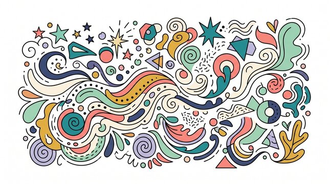 Abstract doodle pattern with colorful flowing lines and geometric shapes graphic composition