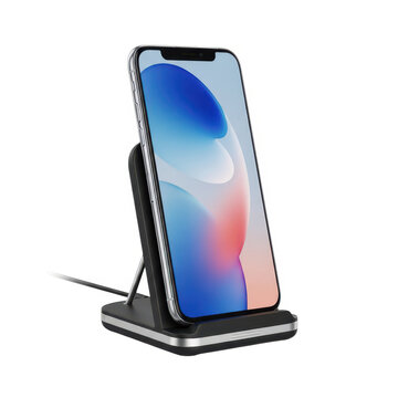 Iphone charging on wireless stand with earbuds isolated on white background