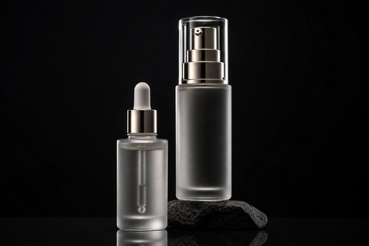 Two frosted glass bottles, one with a dropper and the other with a pump dispenser, placed on a black surface with a dark background, used for skincare or cosmetic products.