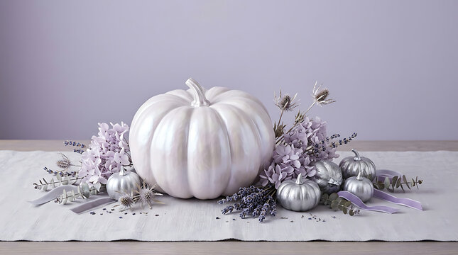 Elegant white pumpkin centerpiece with lavender flowers for autumn decor