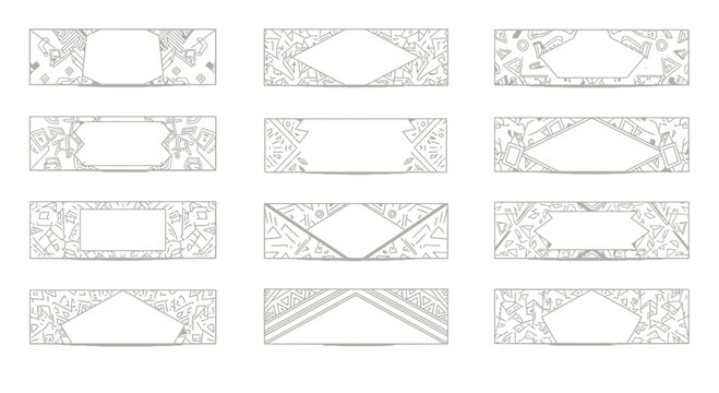 A collection of twelve rectangular frames displays intricate geometric patterns and ornate line art designs meant for professional document headers or customized invitations in various creative