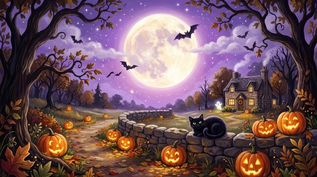 A spooky halloween night scene featuring a black cat silhouetted against a bright full moon and numerous jack o' lanterns