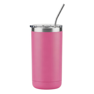Pink tumbler cup with straw and lid isolated on white background