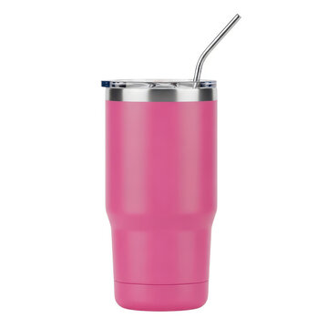 Pink insulated travel tumbler with straw isolated on white background