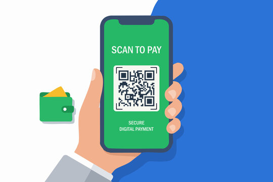 Hand holds phone with QR code for payment