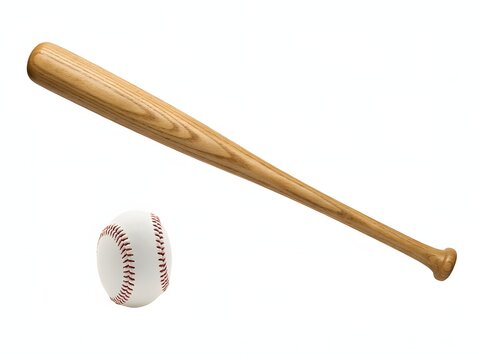 Wooden baseball bat and ball isolated on white background for sports equipment and training