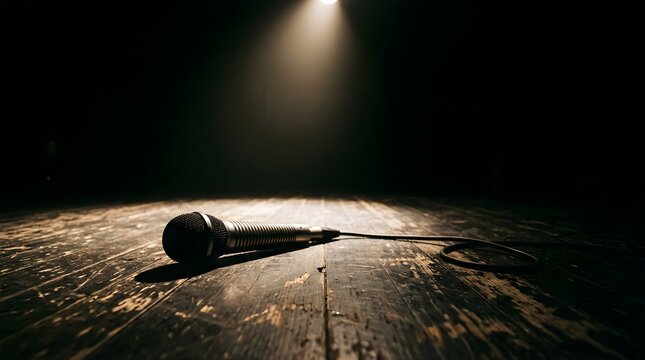 A silver microphone lying on a rustic wooden stage floor under a spotlight