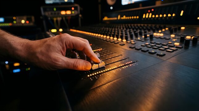 Audio engineer adjusting sound levels on a professional mixing console