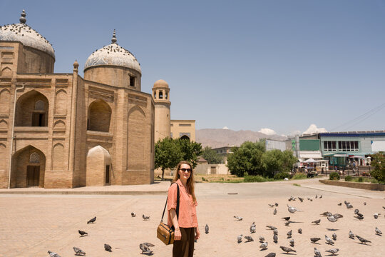 Tourist Near Sheikh Muslihiddin Mausoleum in Khujand, Tajikistan