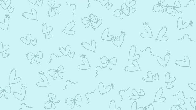 Hearts and ribbons are arranged in a repeating pattern on a light blue background for festive designs.