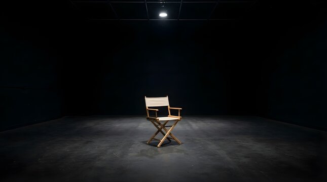 Empty director chair centered in a dark studio under a single spotlight