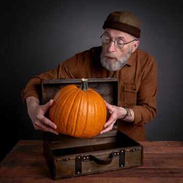 senior, bearded man is taking a big pumpkin from a small retro suitcase, fall holidays, Thanksgiving or Halloween greeting card concept