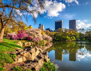 Fototapeta premium Scenic Urban Park with Lake and City Skyline