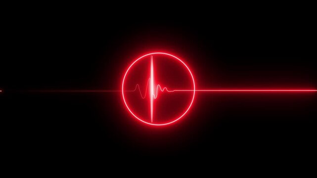 Red Neon Heartbeat Line Inside a Circle with a Horizontal Red Light Beam pulse cardiogram. motion graphic of heartbeat concept, on a transparent background 4k motion video.