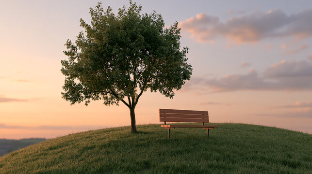Tranquil Sunset Scene With Tree Bench and Open Grass Field