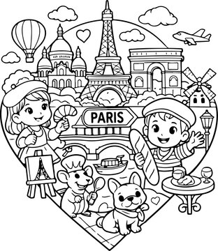 paris france landmarks cartoon outline hand drawn Line Art illustration doodle art coloring page for kids	