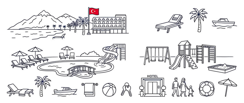 Resort vacation icons, hotel, beach, pool, playground, transparent background