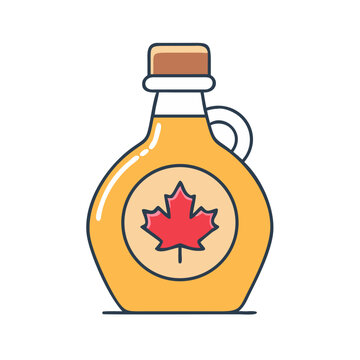 Canadian maple syrup bottle with leaf icon - Bright yellow bottle with a red maple leaf design, representing Canadian maple syrup in a clean and stylish vector format.