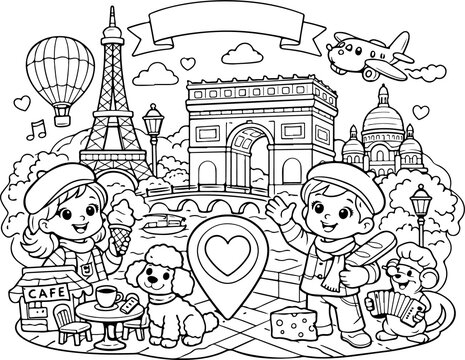 paris france landmarks cartoon outline hand drawn Line Art illustration doodle art coloring page for kids	