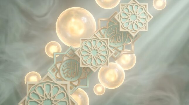 Decorative pastel geometric patterns and glowing round lamps