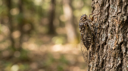 Obraz premium Realistic Cicada on Tree Bark with Soft Woodland Background