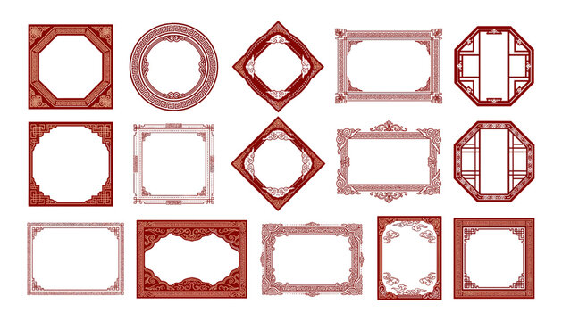 Collection of traditional red Chinese style vector frames and decorative ornamental borders for oriental design
