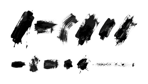 Set of black paint brush strokes and ink drips for grunge vector texture design