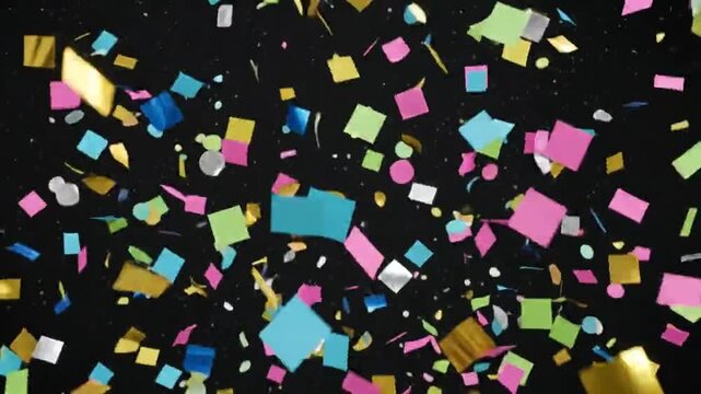 Explosive burst of colorful 3d confetti floating slowly down on black background representing party celebration, holiday event, or festive backdrop