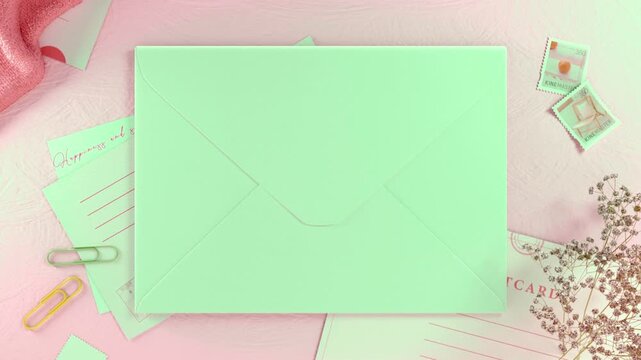 Mint Green Envelope Opening Transition Animation on Pastel Background with Green