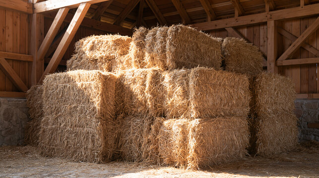 Sunlight Falling Across Tall Stacks of Dry Hay in Wooden Barn